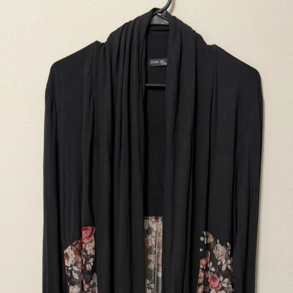 Women's Kim & Cami Kimono Duster Cover Up Black Floral Print Size L